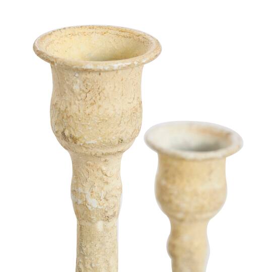 Cream Metal Textured Tapered Taper Candle Holder with Brown Wood Bases Set